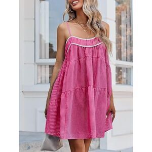 Striped Mini Oversized Spaghetti Strap  Ruffle Tiered Dress, LARGE, 1HH-142D004